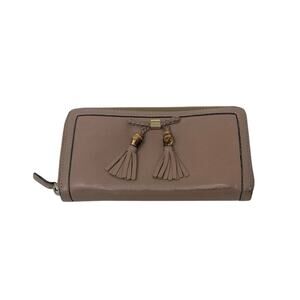 Gucci Leather Bamboo Tassel Bow Zip Brown Taupe Beige Continental Wallet